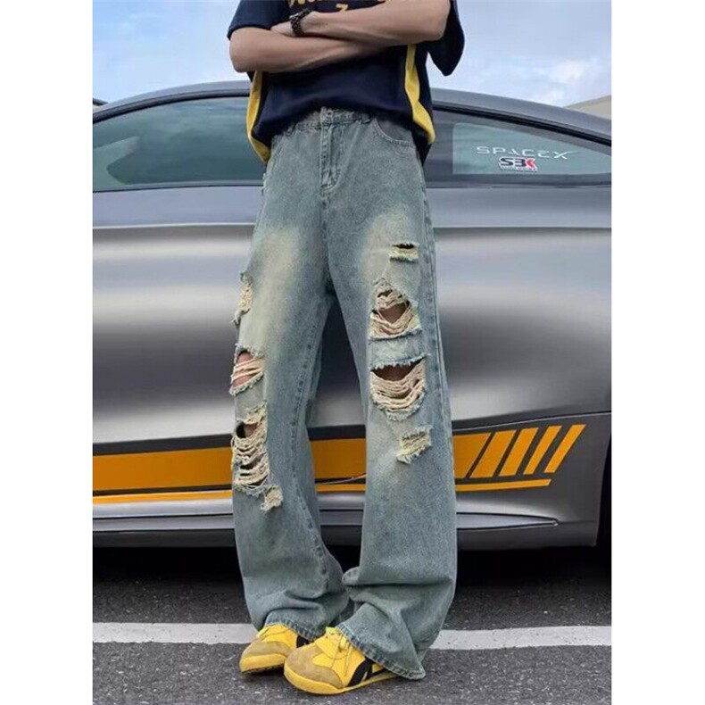 破洞阔腿牛仔裤男女新款复古宽松直筒设计显瘦拖地裤NB818,男装牛仔裤,星座1116A（原606A-3）