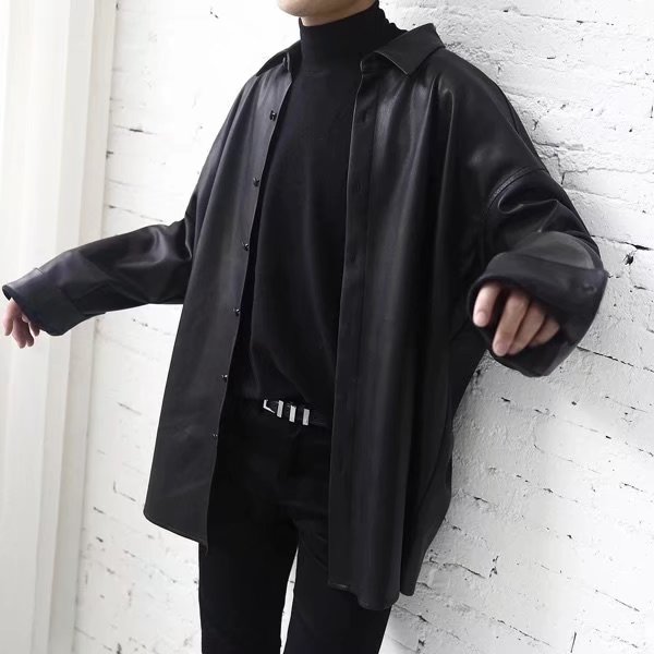 港风秋冬款男PU皮衬衫休闲宽松皮夹克外套JK0026 P50图片