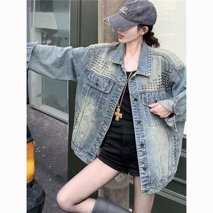 JK29-P722025美式复古水洗重工铆钉牛仔外套女宽松潮流痞帅夹克