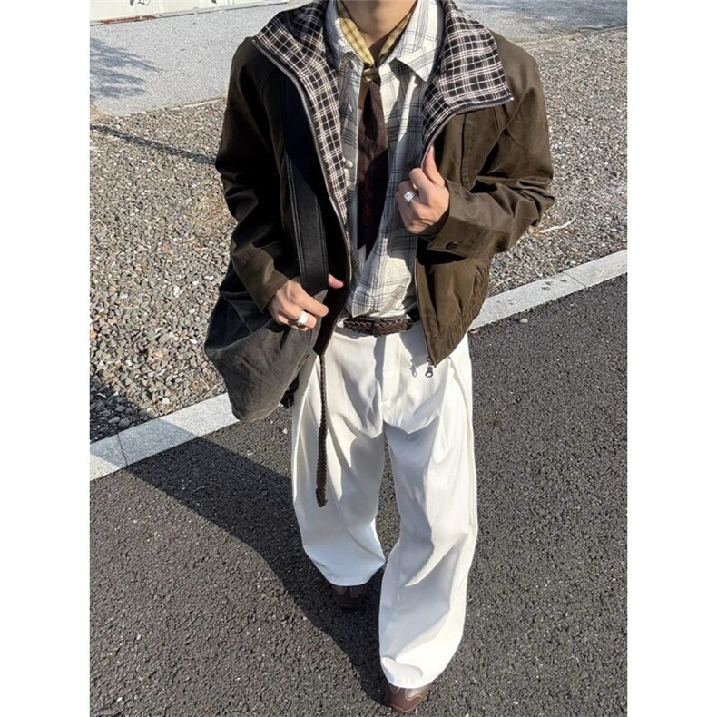 vintage美式覆古深棕色外套男款春秋美拉德穿搭格纹拼接翻领夹克,男装夹克,星座506A