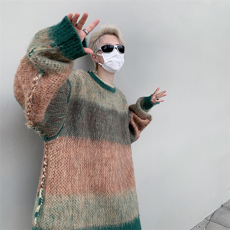 慵懒风撞色毛衣男美式复古休闲软糯针织衫小众百搭线衣MY0214-P50图片