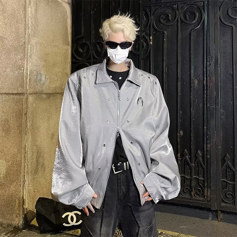 ins男短款外套时尚高级设计液态金属感拉链垫肩夹克外套,男装夹克,星座716-3
