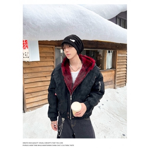 美式复古座山雕毛领连帽男女冬宽松PU皮加厚棉衣SW313 P125图片