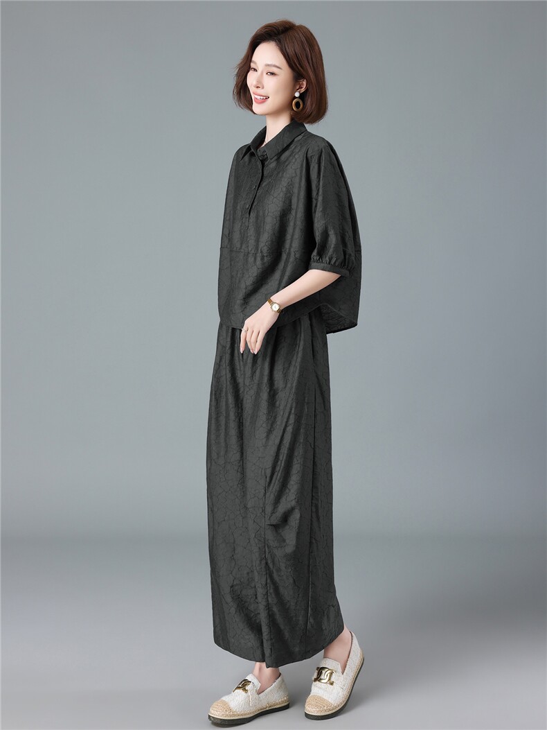 现货2026夏季新款宽松大码洋气减龄莱赛尔提花衬衫套装两件套,女装套装/套裙,深水步