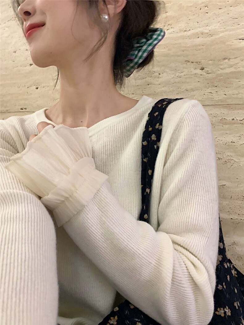时尚百搭羊毛荷叶袖圆领打底衫显瘦修身长袖针织衫,女装羊毛衫,圣旺供货