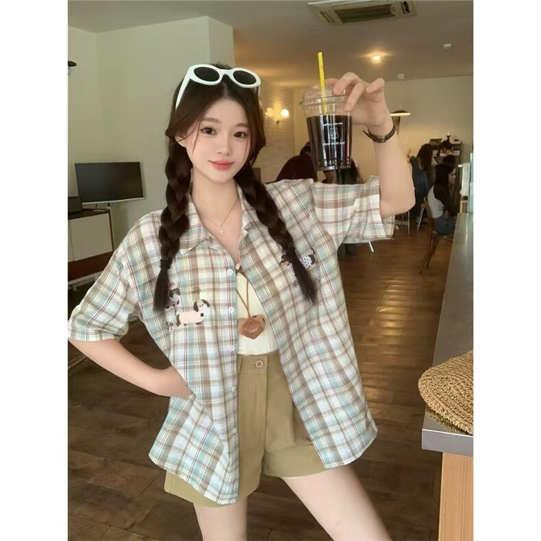 美式趣味小狗毛巾绣格子短袖衬衫女夏季新款宽松休闲衬衣独特上衣,男装T恤,星座1210-1