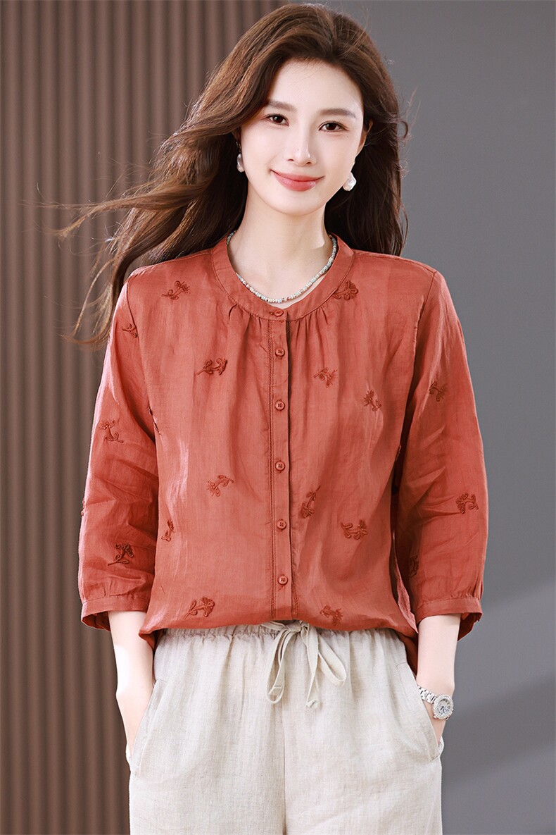 苎麻衬衫女夏季2024新款时尚休闲宽松遮肉洋气妈妈绣红七分袖衬衣,女装衬衫,靓衣阁