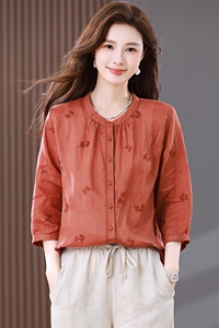苎麻衬衫女夏季2024新款时尚休闲宽松遮肉洋气妈妈绣红七分袖衬衣图片