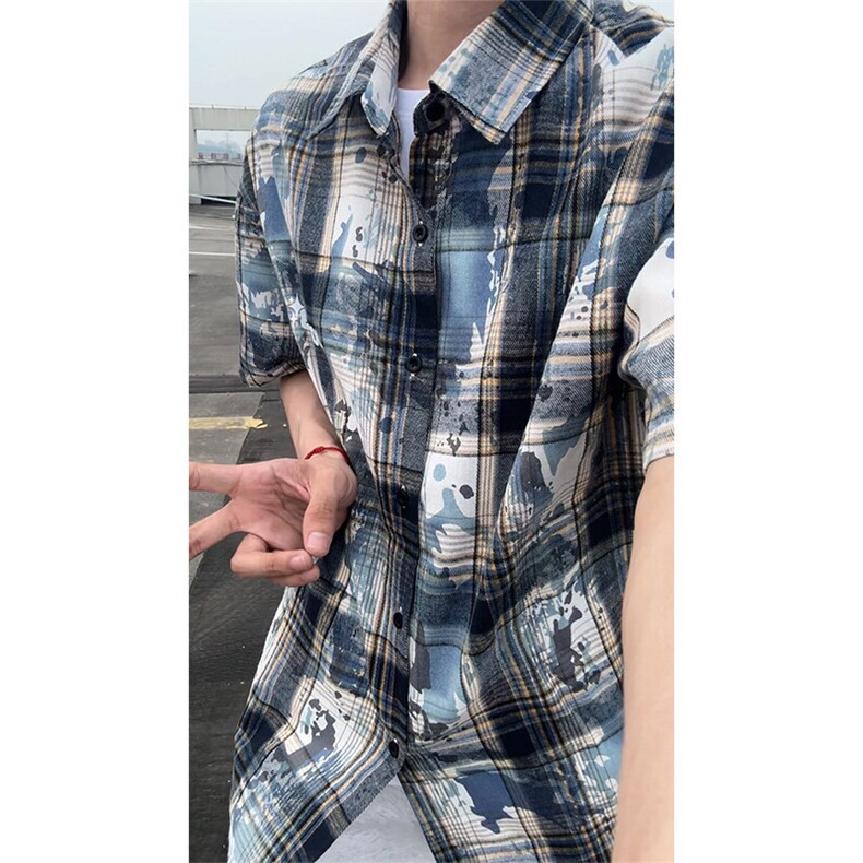 迷彩格子短袖衬衫男生夏季薄款美式复古高街vibe潮牌帅气半袖衬衣,男装衬衫,电商A007