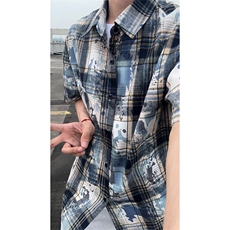 迷彩格子短袖衬衫男生夏季薄款美式复古高街vibe潮牌帅气半袖衬衣，男装衬衫，电商A007