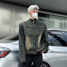 2025秋新款垫肩牛仔外套男做旧复古水洗短款夹克JK8642，男装工装外套，星座1108