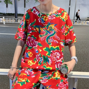 HT203 夏季男士休闲东北大花民族风牡丹花圆领短袖T恤青少年大码图片