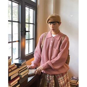 现货MY57-P80粉色宽松百搭口袋polo领长袖毛衣针织衫男女,米色小西装搭配百褶裙图片
