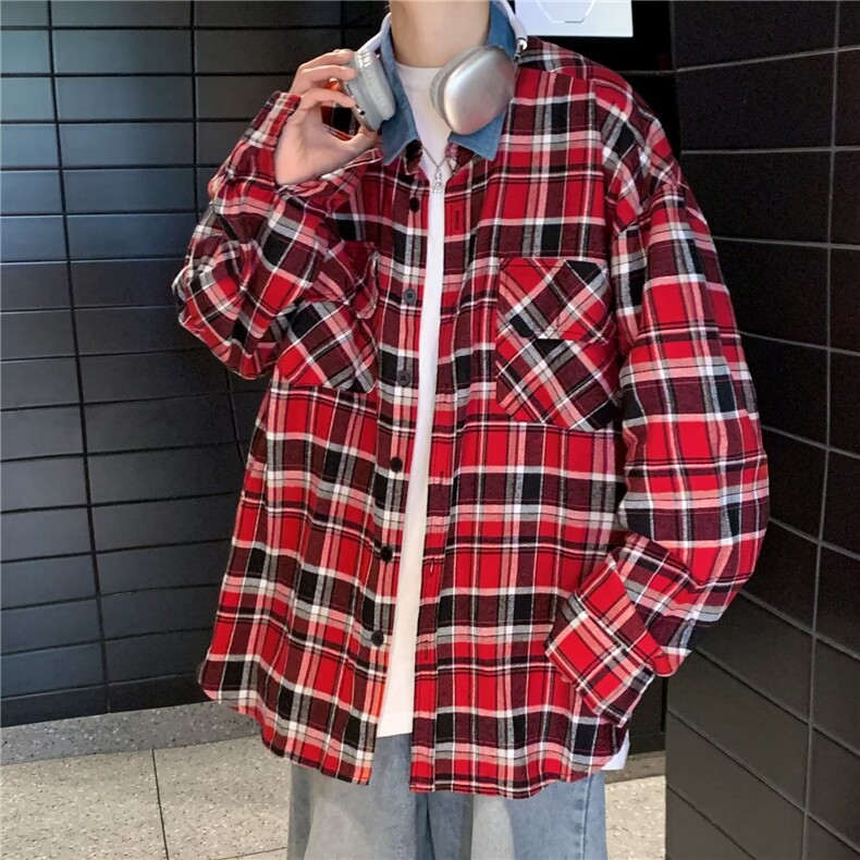 格子衬衫男长袖韩版潮流高街帅2023秋季新款ins宽松外套CY516-P39,男装衬衫,星座412-3