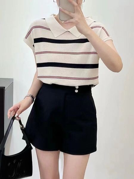 娃娃领短袖t恤女夏季小个子条纹冰丝针织衫爆款上衣薄款翻领体恤,针织衫/毛衣,圣旺供货