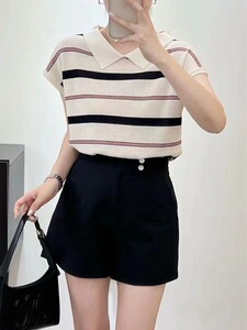 娃娃领短袖t恤女夏季小个子条纹冰丝针织衫爆款上衣薄款翻领体恤图片