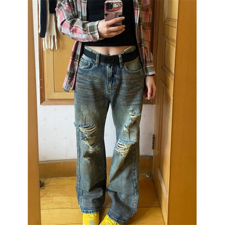 美式街头复古破洞牛仔裤女夏天薄款设计感高腰阔腿长裤宽松裤子潮,男装牛仔裤,星座506A