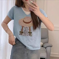精纺羊毛草帽假两件V领短袖，女装针织衫/毛衣，百纯羊绒