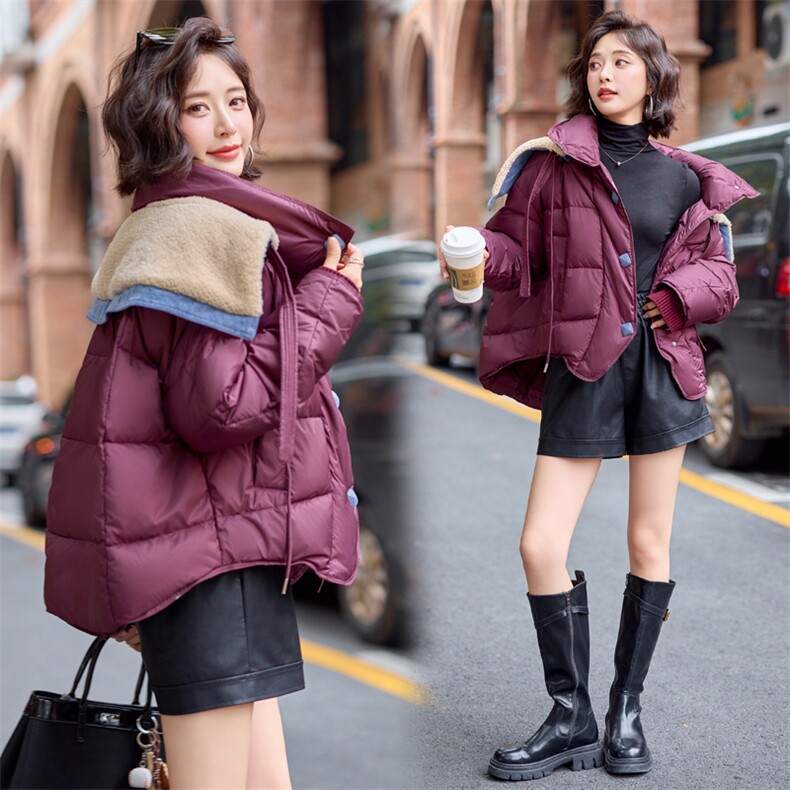 【bao款现货】2024新款冬装百搭重工拼接牛仔仿羊羔毛羽绒服70绒,女装羽绒服,雅静靓衣