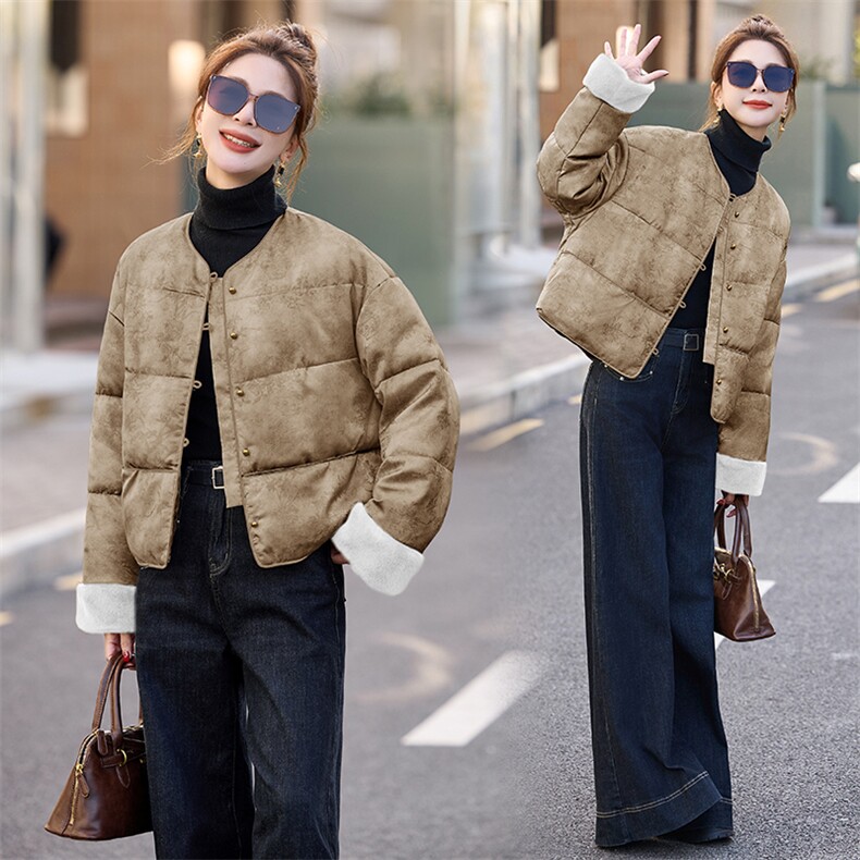 新中式国风提花羽绒服女短款2024冬季爆款仿水貂毛拼接白鸭绒外套,女装羽绒服,曼娅璐