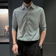 夏季男士衬衫修身中袖七分袖休闲发型师条纹衬衣个性上衣C3033，男装衬衫，星座1116A-2（原606A-1）