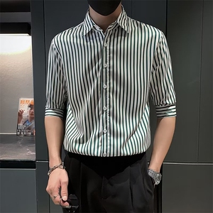 夏季男士衬衫修身中袖七分袖休闲发型师条纹衬衣个性上衣 C3033图片
