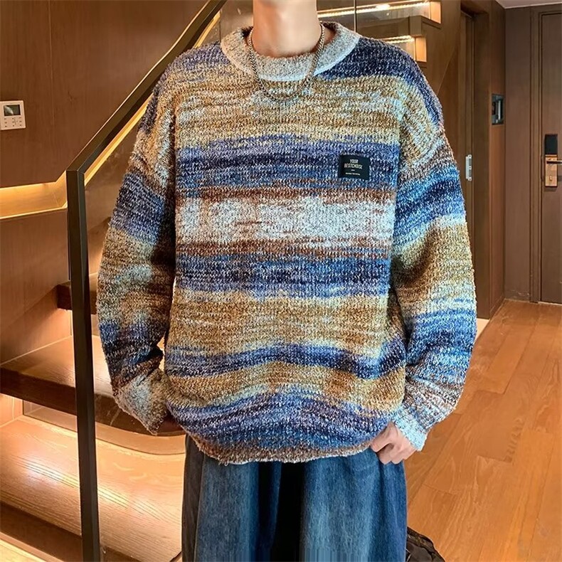 港风情侣嘻哈渐变纱不规则色圆领针织衫男宽松休闲毛M136-P58,男装针织衫/毛衣,星座1109-3