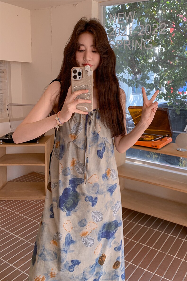 新品【现货】水墨扎染度假风吊带裙C258-2583-P105K168,女装连衣裙,2C258