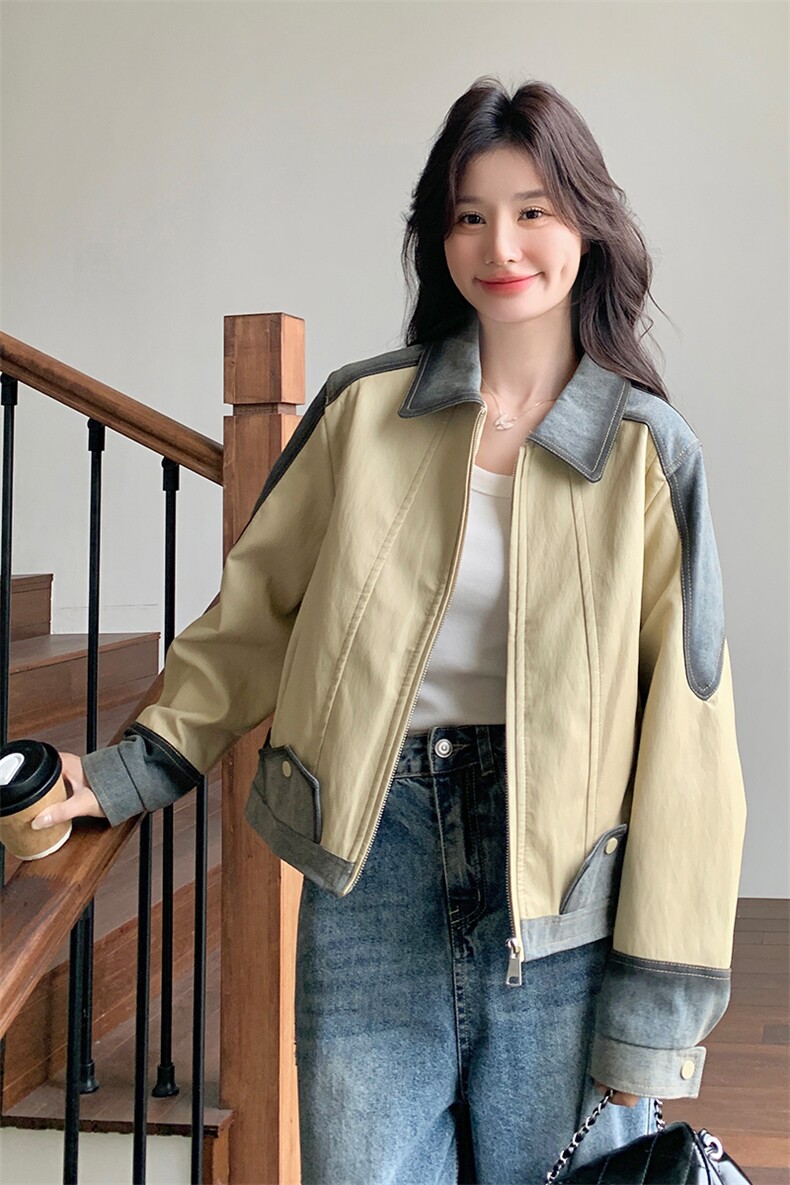 牛仔拼接PU皮外套女秋2025新款时尚高级感气质翻领夹克复古设计感,女装皮衣,2C269