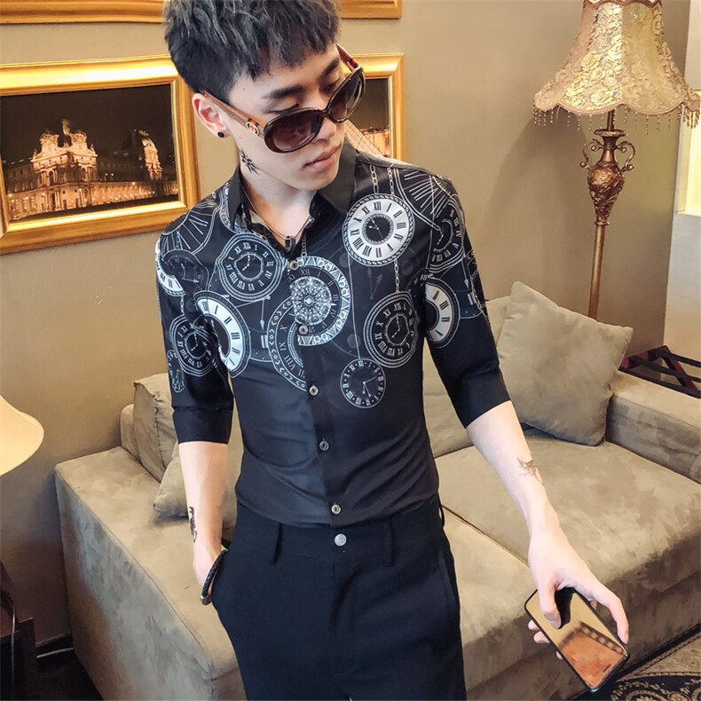 2021新款男士印花衬衫休闲修身中袖夜店衬衣社会风工作服D448,男装衬衫,星座419（原A233）
