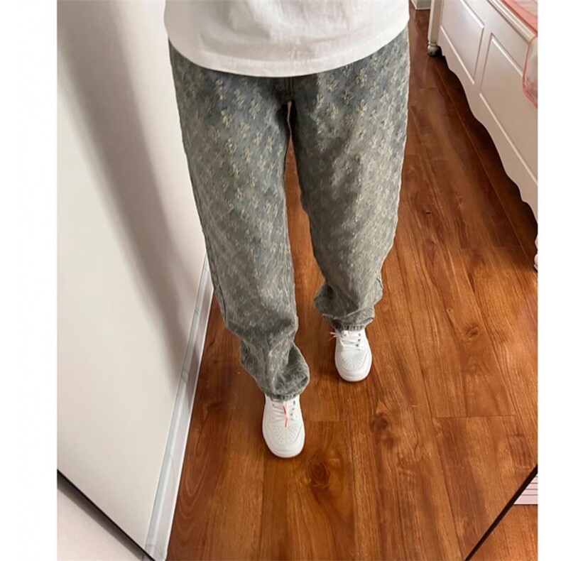 秋冬新款提花高街设计感牛仔裤男宽松直筒水洗阔腿长裤WLQ100-P45,男装牛仔裤,星座1008
