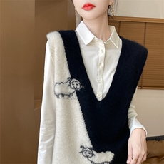 2024秋季新款V领无袖拼色小羊绣花马甲通勤百搭，女装马甲，美雪羊绒