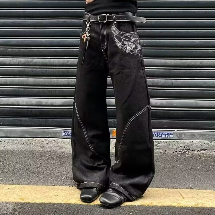 8588-P44 2025微喇分割牛仔裤男秋冬款水洗做旧美式高街黑色图片