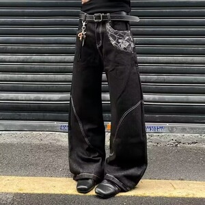 8588-P44 2025微喇分割牛仔裤男秋冬款水洗做旧美式高街黑色图片