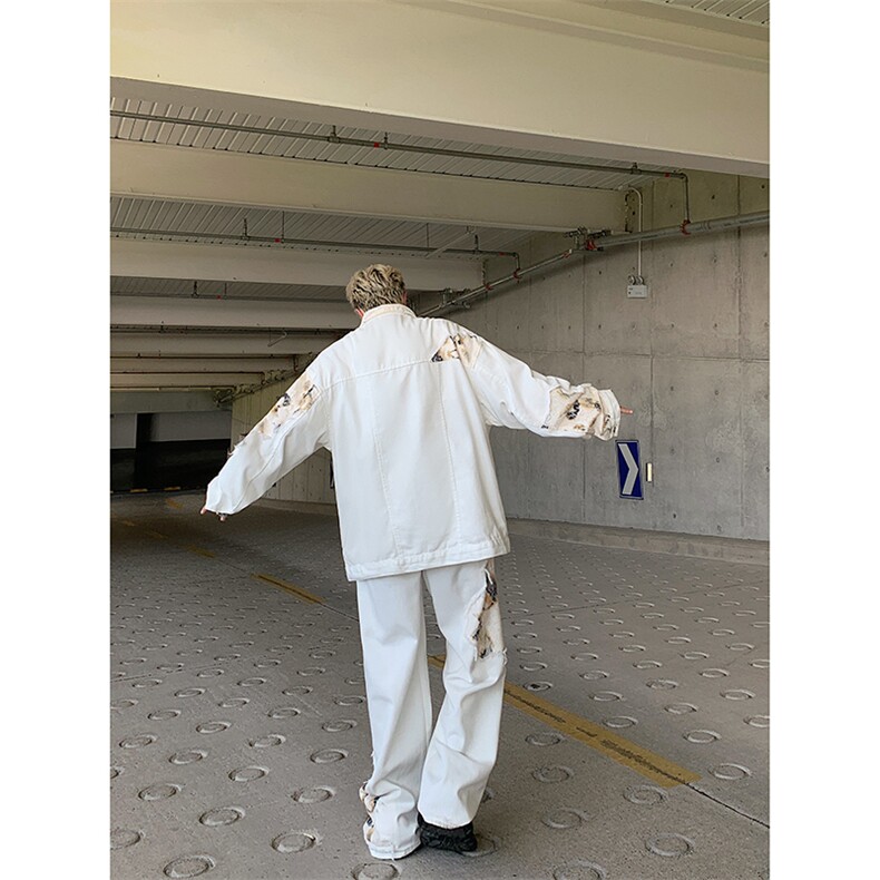 新款蕾丝拼接白色套装牛仔外套设计感宽松休闲裤子夹克两件套,男装工装外套,星座410-7