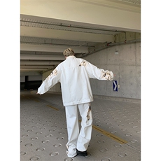 新款蕾丝拼接白色套装牛仔外套设计感宽松休闲裤子夹克两件套，男装工装外套，星座410-7