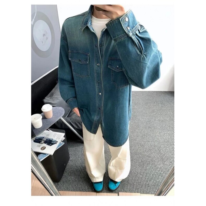 美式复古蓝色牛仔衬衫男女2025春秋冬季新款长袖夹克外套,男装衬衫,星座410-7