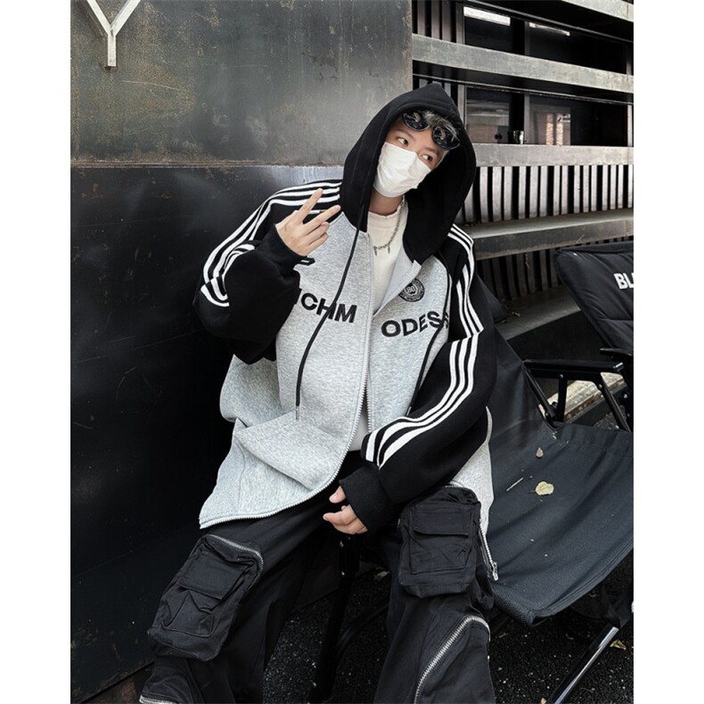 现货！25春秋高克重三条杠拼接插肩袖拉链连帽开衫卫衣WY19-P88,男装卫衣,电商B288