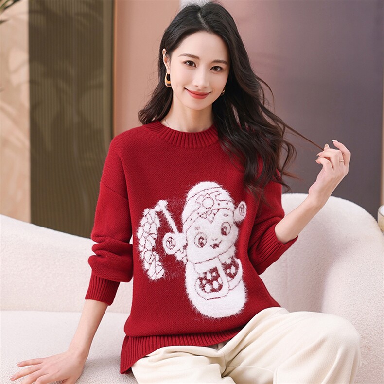 现货圣诞穿搭新年红色毛衣秋冬季加厚大码显瘦宽松针织衫正肩上衣,商品下架区,韩然一族