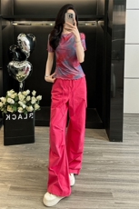 女夏新款时尚运动休闲套装洋气减龄玫红色圆领上衣阔腿长裤两件套，女装套装/套裙，江南
