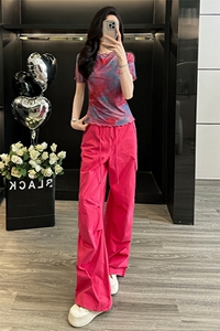女夏新款时尚运动休闲套装洋气减龄玫红色圆领上衣阔腿长裤两件套图片