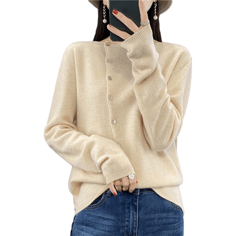 斜扣设计~薄款baby小山针织开衫女一字领宽松粉色毛衣短款外,女装羊毛衫,盛鼎羊绒