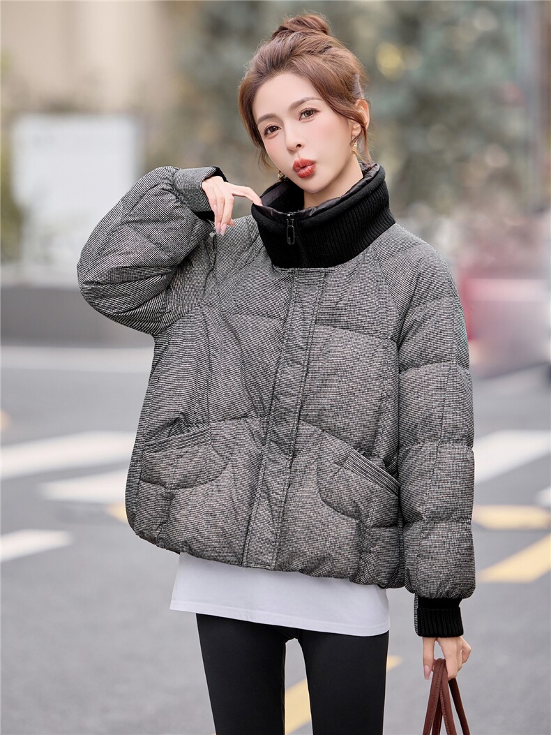 格纹短款立领白鸭绒羽绒服女加厚保暖2025冬新款,女装羽绒服,余墨