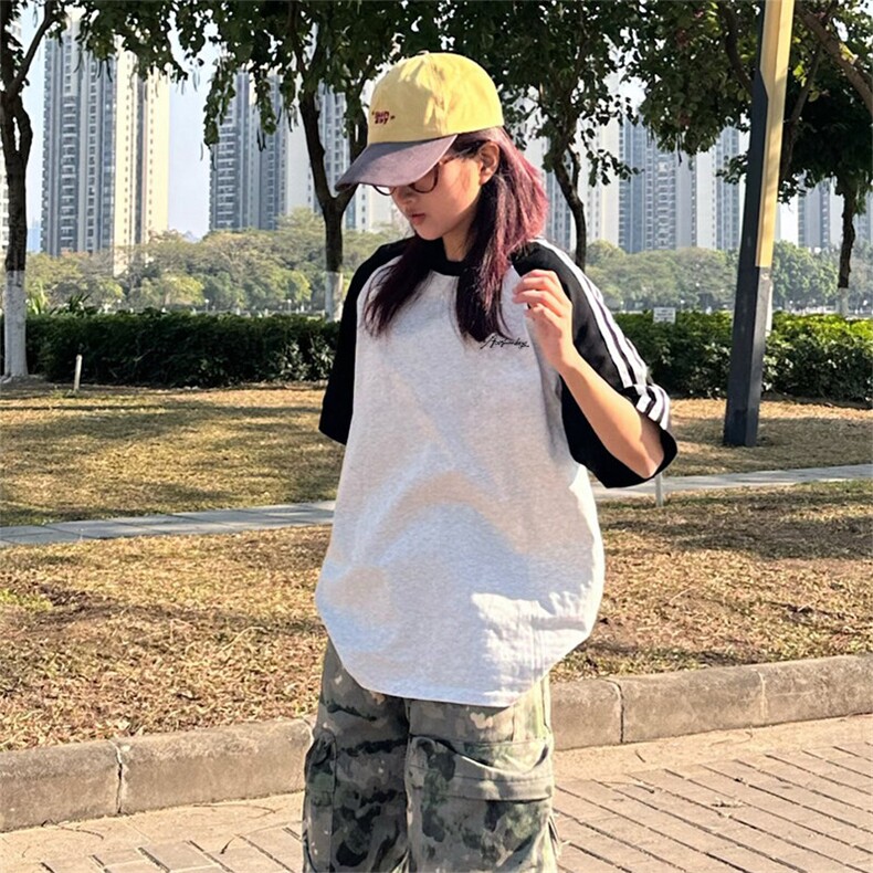 抖音得物品质二开240克宽松纯棉美式潮牌插肩三杠织带短袖T恤，男装T恤，电商A486