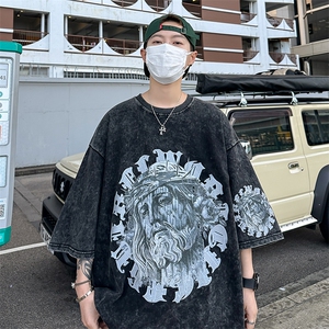 B239-X1005-P38 美式复古水洗做旧 人物印花 短袖T恤图片