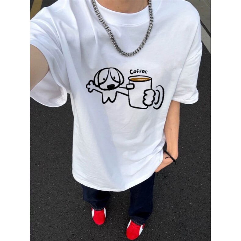 网图现货高品质三本针咖啡小狗印花圆领短袖T恤2762-P29，男装T恤，电商C310-1