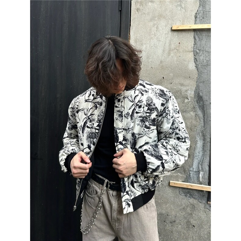 水墨画双面穿棒球服夹克男款春秋美式高级感褶皱复古宽松休闲外套图片