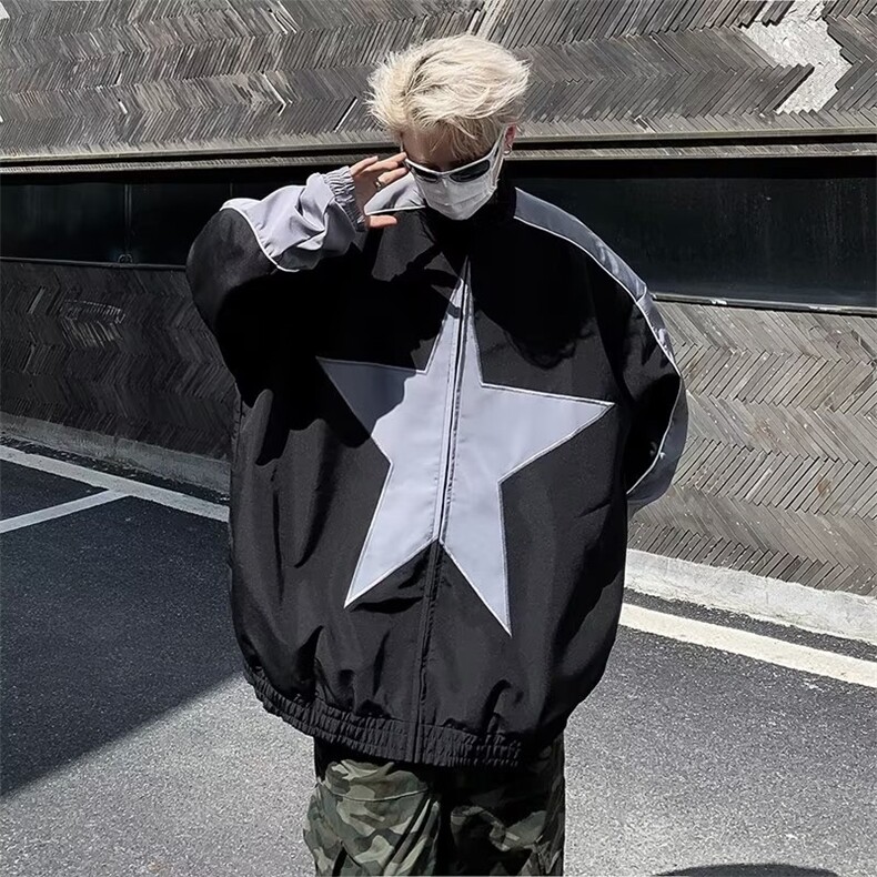 美式小众拼色星星冲锋衣ins男女宽松设计感棒球服嘻哈夹克外套,男装夹克,星座716-2