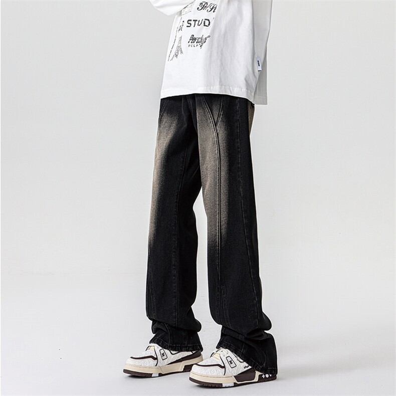 春季美式高街渐变水洗牛仔裤男款微喇拼接潮牌裤子复古KZ014P63,男装牛仔裤,电商B312