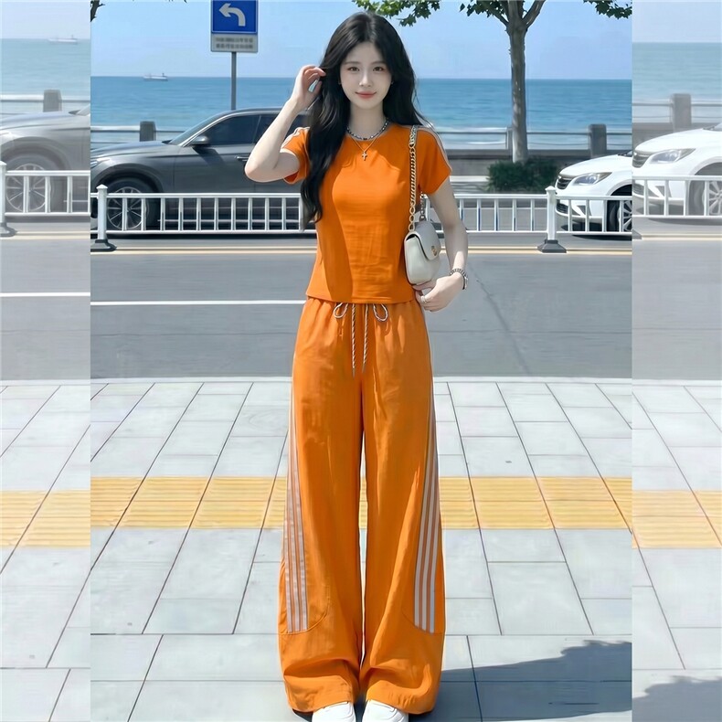 港风炸街休闲运动套装女夏洋气显瘦修身圆领短袖上衣长裤两件套潮,女装套装/套裙,江南
